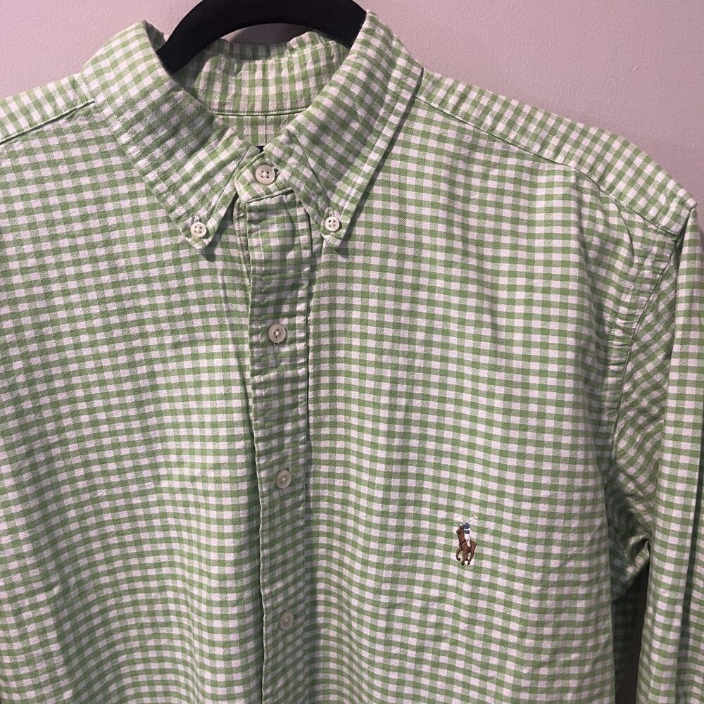 Polo Ralph Lauren Oxford Shirt Men's LT Green Check Plaid Button Down Flesh Pony
